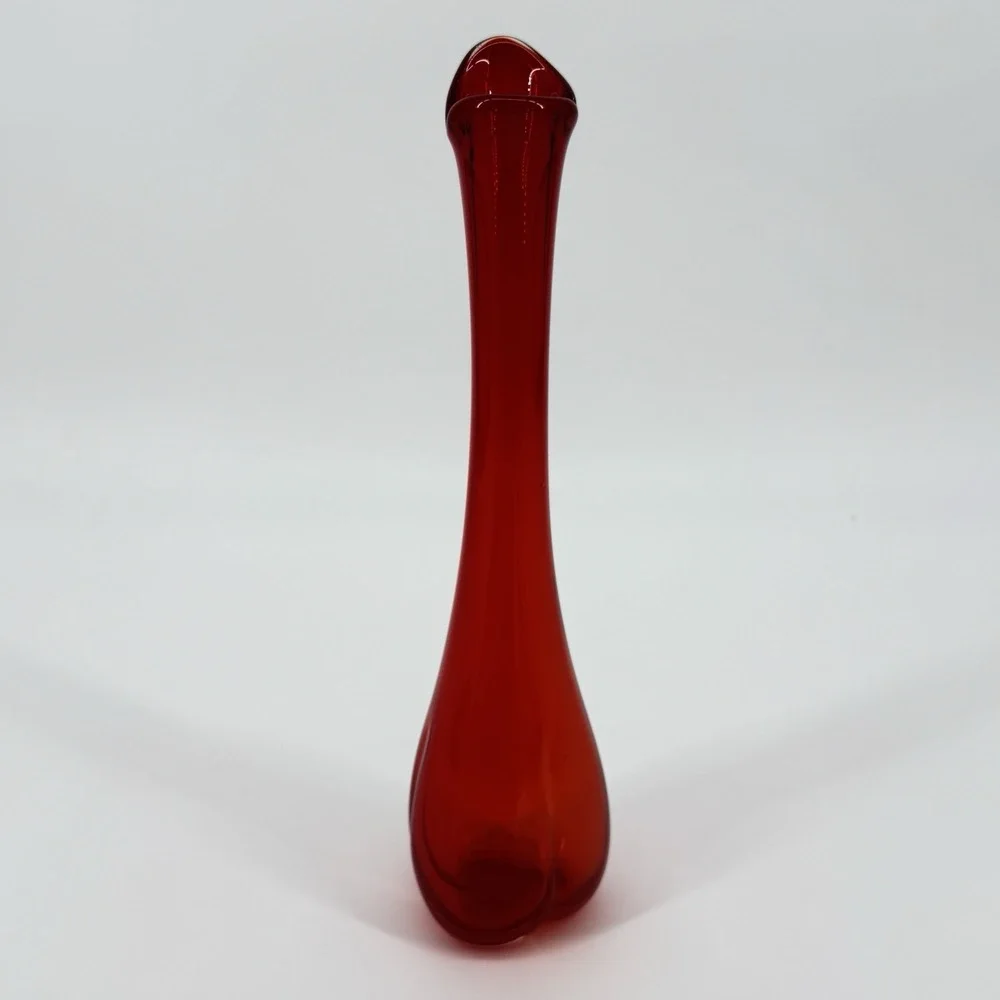 Vintage Red Orange Art Glass Vase Hand Blown Sculptural Flared Rim 12